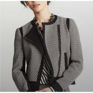 Ann Taylor Black and White Herringbone Moto Wool Blend Jacket Size 6 Modern Zip